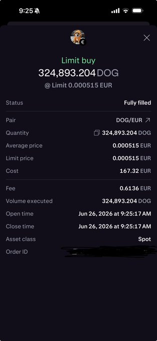 A crypto exchange screenshot showing a fully filled limit buy order of 324,893.204 DOG at 0.000515 EUR (167.32 EUR total + 0.6136 EUR fee), with order ID redacted. The image serves as proof of the poster's recent DOG accumulation, backing their "gm DOG army" message about buying the dip.