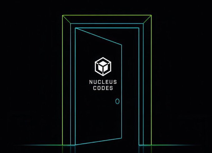 A neon-style digital graphic of an open door with a cube logo and the text 'NUCLEUS CODES'.