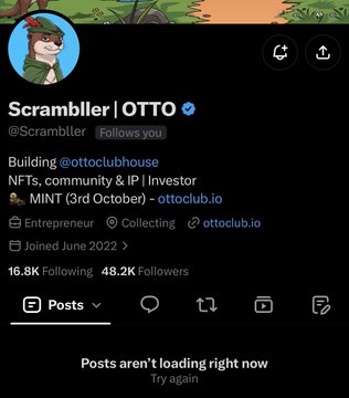 A screenshot of Twitter/X profile for "Scrambler | OTTO" (@Scrambler), showing 16.8K posts, 45.2K followers, and 48.2K following, with a message indicating "Posts aren't loading right now"—suggesting possible account deletion or suspension that aligns with the post's claim about missing founder and team accounts.