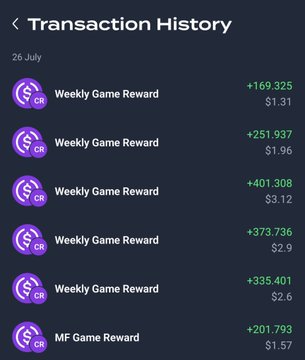 A Transaction History screen dated 26 July showing several "Weekly Game Reward" and one "MF Game Reward" entries with token amounts and USD values.