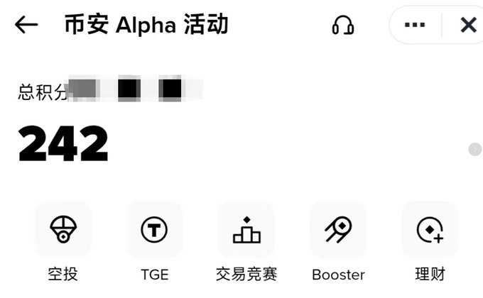 A Chinese-language app interface titled '币安 Alpha 活动' showing a total score of 242 with icons for 空投, TGE, 交易竞赛, Booster, and 理财.