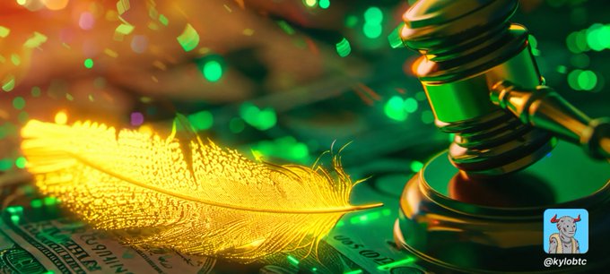 Stylized image of a golden feather and gavel overlaid on US dollar bills with green bokeh lighting, watermarked '@kylobtc' with a troll meme face.