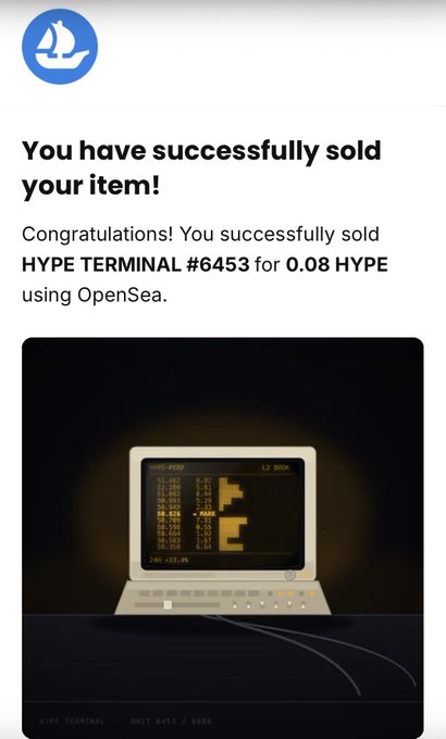A mobile screenshot of an OpenSea confirmation message reads 'You have successfully sold your item! Congratulations! You successfully sold HYPE TERMINAL #6453 for 0.08 HYPE using OpenSea.'