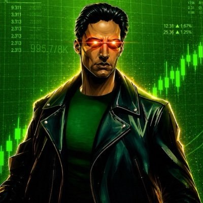 A stylized digital illustration of a man with glowing red eyes wearing a black leather jacket, set against a green background featuring financial charts, candlestick patterns, and numbers.