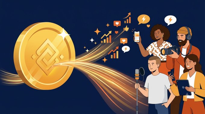The image features a large Binance (BNB) gold coin emitting streams of light and social media engagement icons (hearts, likes, bar graphs) toward a group of diverse creators holding cameras, phones, and microphones—visually representing how the Binance brand could funnel content opportunities to influencer collaborations on platforms like Clasho.

This directly illustrates the post's argument: Binance's constant need for educational content, market explainers, and product coverage makes it an ideal brand for Clasho's creator matchmaking model.
