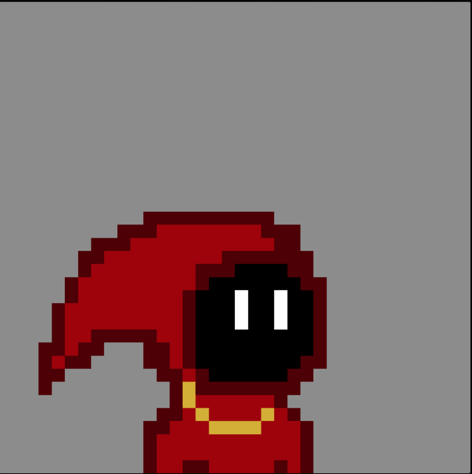 A pixel art character wearing a red hooded robe with a gold collar, featuring a black face with two white rectangular eyes, set against a gray background.