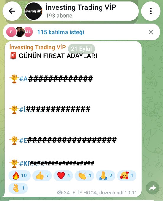 A screenshot of a messaging app group named 'İnvesting Trading ViP' showing a message posted by 'ELİF HOCA' titled 'GÜNÜN FIRSAT ADAYLARI' (Today's Opportunity Candidates), featuring four hashtags (#A, #I, #E, #K) followed by redacted numbers, with 115 join requests pending.