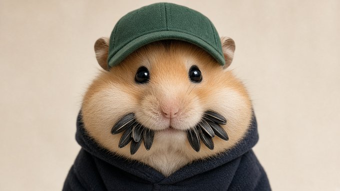 A close-up of a cute hamster wearing a dark green baseball cap and a black hoodie, holding sunflower seeds in its paws.