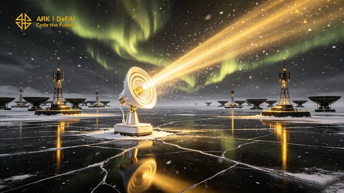 A satellite dish beams a golden signal across an aurora-lit, starry sky surrounded by radio telescope arrays on a cracked reflective landscape, with the "ARK | DeFAI — Code the Future" logo in the top corner, visually mirroring the post's theme of Arkie AI's AI agents turning data into real, far-reaching action and execution.