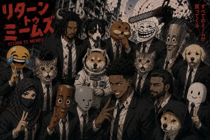 A stylized Japanese-style anime/meme poster titled 'RETURN TO MEMES' (リターントゥミームズ) featuring characters wearing suits alongside internet meme faces and cat/dog mascots.