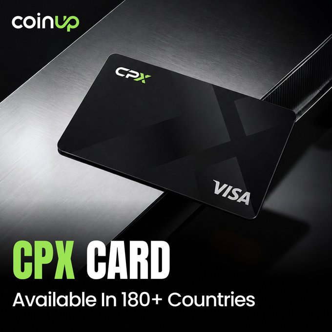A sleek black CPX Visa card is displayed against a dark metallic background, promoting CoinUp's "CPX Card" with bold text highlighting its availability in 180+ countries for seamless global payments.
