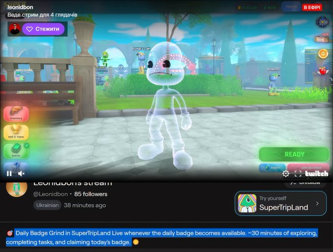A Twitch livestream screenshot of 'leonidbon' playing SuperTripLand, featuring a translucent ghost-like character in a vibrant cartoon world, with a description about the Daily Badge Grind.