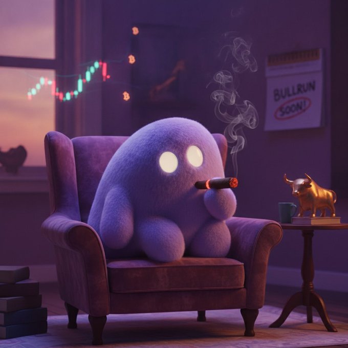 A fluffy purple creature with glowing eyes sits in an armchair smoking a cigar, with a "BULLRUN SOON!" calendar visible on the wall behind it.