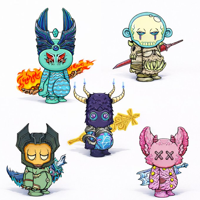 An illustration of five colorful, cartoon-style monster characters, each holding weapons or objects, with designs in teal, pale yellow, dark purple, green, and pink.