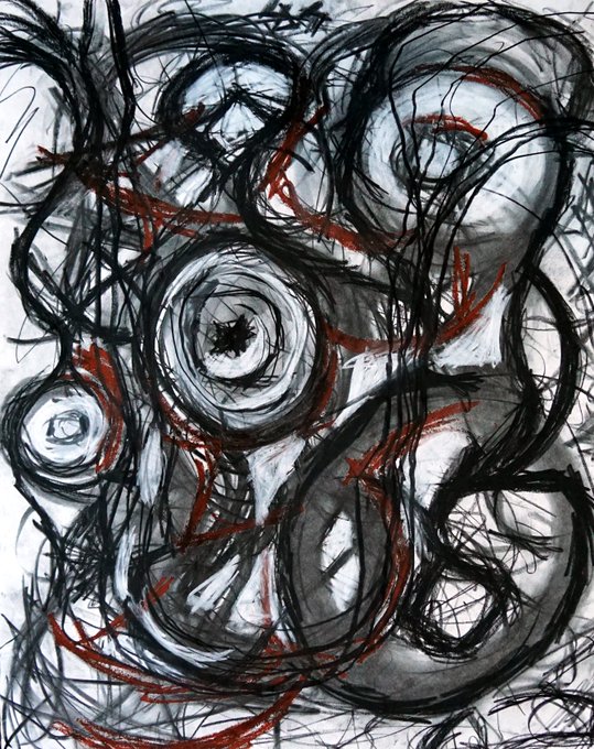 An abstract drawing or painting composed of chaotic, swirling black lines and circular shapes with expressive red accents on a light background.