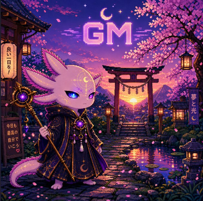 A vibrant pixel art illustration featuring an axolotl-like character in purple wizard robes holding a staff, standing on a stone path near a torii gate and cherry blossoms under a 'GM' (Good Morning) text and crescent moon.