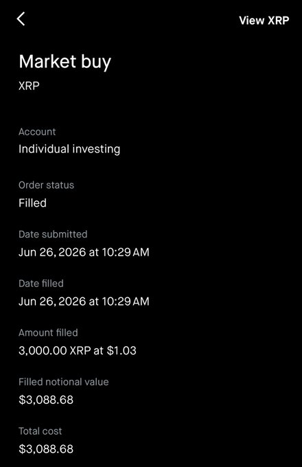 A mobile screenshot confirms a filled market buy order of 3,000.00 XRP at $1.03 for a total cost of $3,088.68, dated Jun 26, 2026 at 10:29 AM, visually supporting the post's call to action encouraging others to buy XRP.