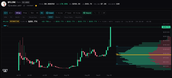 TradingView candlestick chart for the FLOKI token on the FLR/WETH pair showing price around $0.000256 with a +78.65% gain over a 4-hour timeframe from late July to mid-September.