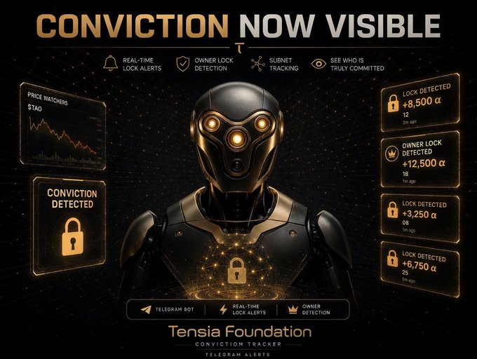The image features a robot with a face and arms, wearing a black suit and standing against a dark background. The robot appears to be locked onto a screen that displays information about Conviction Now Visible. The text on the screen reads "Conviction Now Visible", indicating that the robot is now visible in this context.