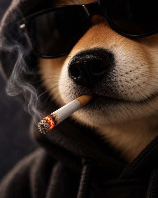 A close-up AI-generated image depicts a Shiba Inu dog wearing black sunglasses and a black hoodie, smoking a lit cigarette with smoke curling upward.