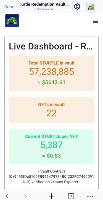 A mobile browser screenshot of the Turtle Redemption Vault Live Dashboard on turtleoncro.com, showing 57,238,885 $TURTLE in vault (≈$5642.61), 22 NFTs in vault, and 5,387 $TURTLE per NFT (≈$0.53).
