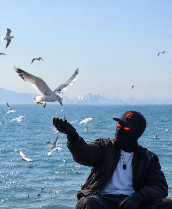 A person wearing all black clothing, a Detroit Tigers cap, and a face mask with glowing red eyes, sitting by the ocean feeding seagulls, with a city skyline visible in the distance.