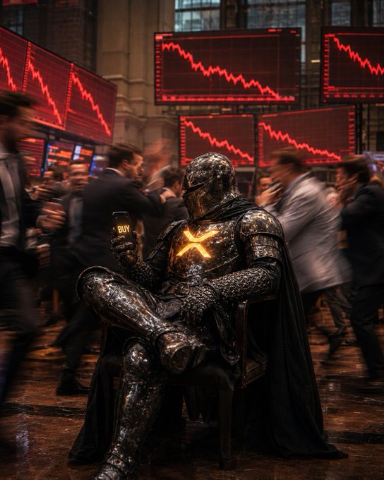 A knight in black armor sits calmly in a chair holding a phone displaying "BUY," with glowing "X" symbol on his chest, surrounded by panicked traders and red downward-plunging stock charts—visualizing the post's message of unwavering conviction in XRP amid a rough market.