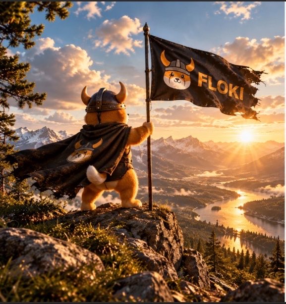 A digital illustration of a Shiba Inu dog dressed as a Viking with a black cape, holding a black flag emblazoned with 'FLOKI' and a horned helmet logo, standing on a mountain peak at sunset.