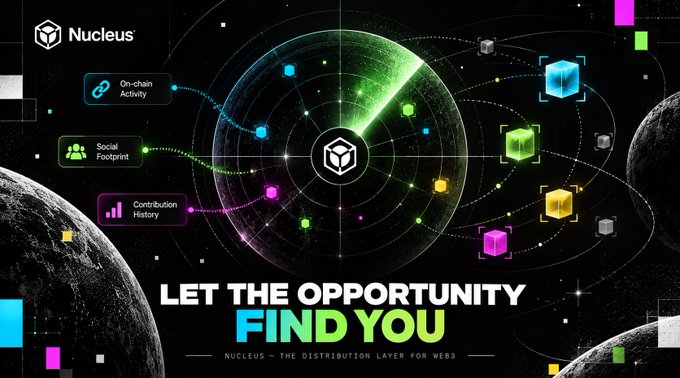 A promotional graphic for 'Nucleus' displays the tagline 'LET THE OPPORTUNITY FIND YOU' and 'NUCLEUS - THE DISTRIBUTION LAYER FOR WEB3' against a space-themed background with a radar display.