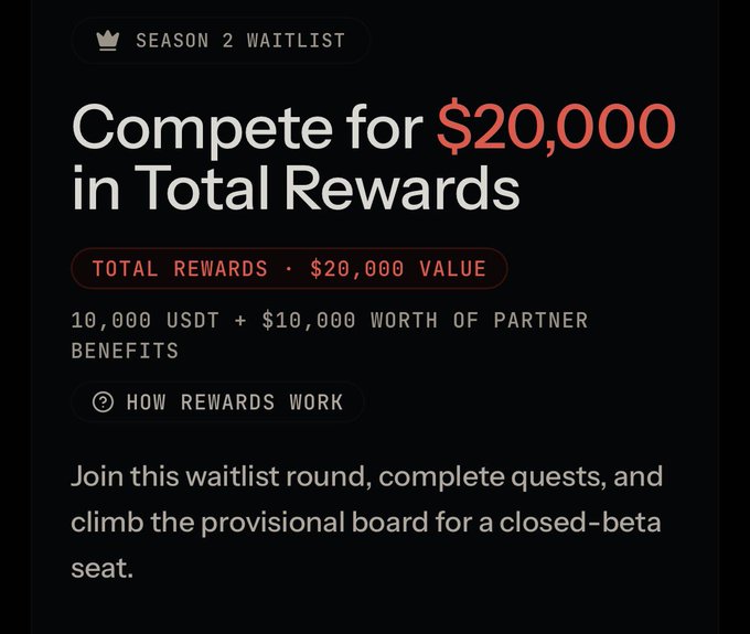 A "Season 2 Waitlist" promotional graphic for ClawArenaWorld, highlighting $20,000 in total rewards (10,000 USDT plus $10,000 in partner benefits) for participants who join the waitlist, complete quests, and climb the provisional board for a closed-beta seat.