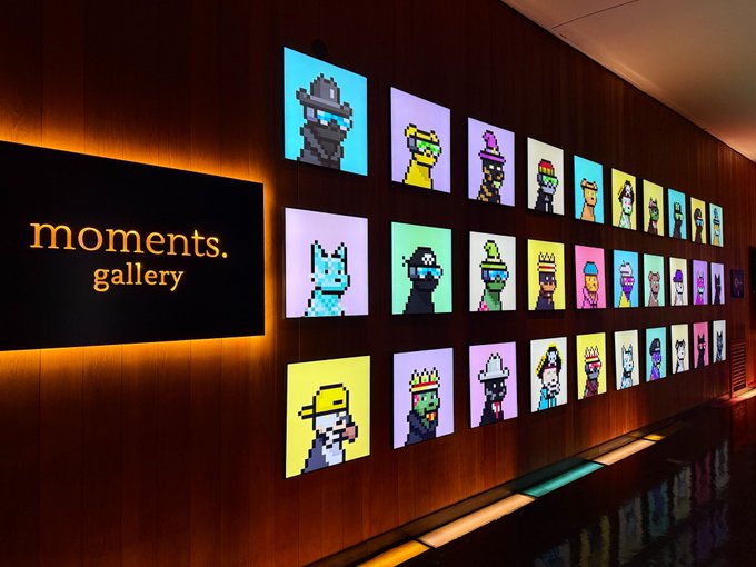A dimly lit gallery wall displaying a grid of colorful pixel art NFT portraits, with a lit sign reading 'moments. gallery' on the left.