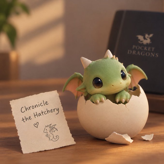 A cute green baby dragon with horns and wings hatching from a cracked egg on a wooden table, accompanied by a note reading 'Chronicle the Hatchery' and a book titled 'POCKET DRAGONS'.