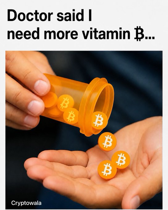A meme image with the text "Doctor said I need more vitamin ₿..." at the top, showing hands pouring orange pills marked with the Bitcoin symbol from a pill bottle into another hand, branded "Cryptowala" in the bottom left corner.