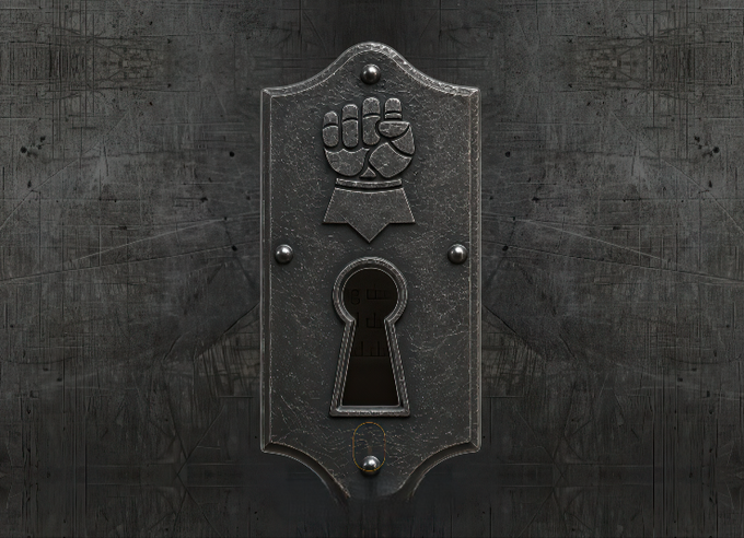 A dark, ornate metal lock plate featuring a raised fist emblem above a keyhole is mounted on a scratched metallic background, symbolizing secure access or unlockable value. The image visually reinforces the post's message about unlocking gains ("Free mint to 300x") through the Iron Allies platform and its $IRON token.