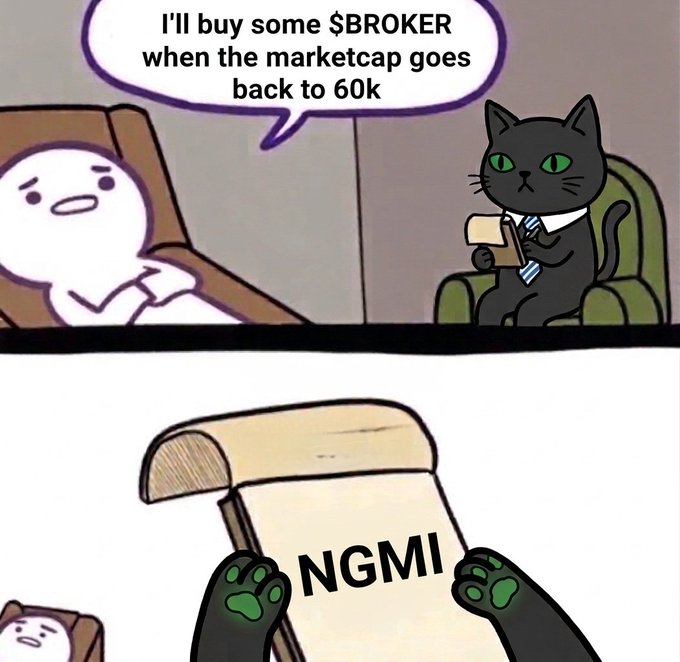 A two-panel comic featuring a white character and a black cat in a suit, with the character saying 'I'll buy some $BROKER when the marketcap goes back to 60k,' followed by the cat holding a scroll labeled 'NGMI.'