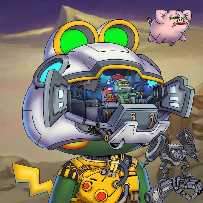 A cartoon frog wearing a Santa hat pilots a large frog-shaped mech suit in a desert landscape, with a flying pig in the background. The image ties to the post as a creative illustration for the Pepe Explorers NFT mint on OpenSea, blending Pepe the Frog meme culture with mech/explorer themes.