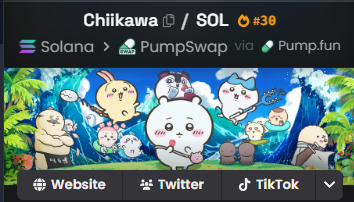 A meme coin listing page for 'Chiikawa' on Solana via PumpSwap and Pump.fun, rank #39, featuring cartoon characters including a dog-like figure and a rabbit against a tropical background.