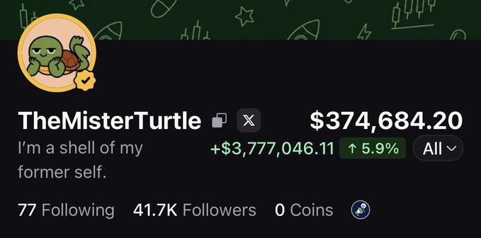 The image shows a social media profile for "TheMisterTurtle" with a verified turtle avatar, displaying a portfolio value of $374,684.20, a +$3,777,046.11 gain (5.9%), 41.7K followers, and the bio "I'm a shell of my former self." The profile's impressive trading gains and humorous turtle-themed branding align with the post promoting the user's PumpFun account, suggesting they're leveraging their trading success to drive followers to the platform.