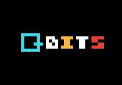 A pixel-art style logo spelling 'QmITS' on a black background, with letters in cyan, white, yellow, and red colors.