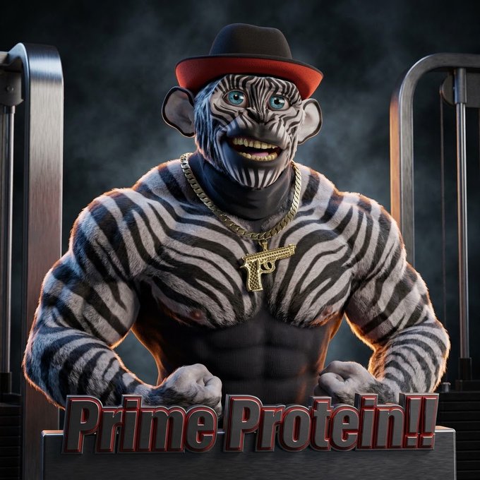 A muscular, anthropomorphic zebra character wearing a black fedora and a gold chain with a 'T' pendant stands between gym equipment, with the text 'Prime Protein!' overlaid at the bottom.