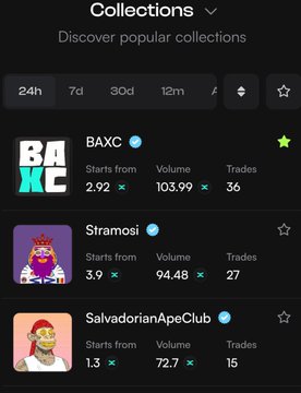 A mobile app screenshot displaying NFT collections including BAXC, Stramosi, and SalvadorianApeClub with their starting prices, volumes, and trade counts.