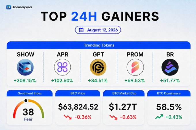 A 'TOP 24H GAINERS' dashboard from Blconomy.com dated August 12, 2026, lists trending tokens SHOW (+208.15%), APR, GPT, PROM, and BR.