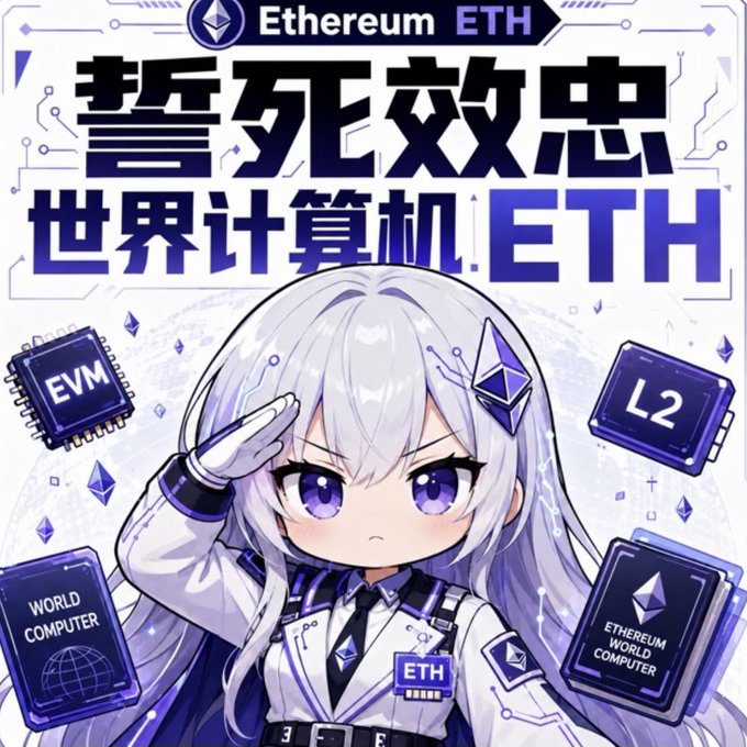 An anime-style chibi character with long silver hair and purple eyes salutes in a futuristic white and purple uniform, surrounded by floating computer chips labeled "EVM," "L2," "WORLD COMPUTER," and "ETHEREUM WORLD COMPUTER," with the Ethereum "ETH" logo and Chinese text "誓死效忠世界计算机.ETH" (Swear allegiance to the World Computer.ETH) displayed at the top. The image relates to the post "以太海啸！" (Ethereum Tsunami!) by depicting a loyal Ethereum-themed mascot pledging devotion to ETH as the "world computer."