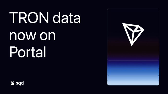 The image shows an announcement graphic with the text "TRON data now on Portal" alongside the TRON logo (a white geometric diamond shape) on a gradient blue background. The "sqd" logo appears in the bottom left corner, promoting that TRON Mainnet data is now available on SQD Portal for real-time querying.