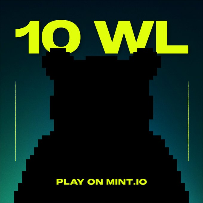 A pixelated chess rook silhouette in black against a teal background, with '10 WL' in large yellow text at the top and 'PLAY ON MINT.IO' at the bottom.