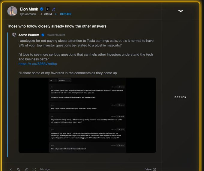 A screenshot of Elon Musk's X reply to Aaron Burnett, stating "Those who follow closely already know the other answers" in response to questions about Tesla earnings and plushie mascots. The image relates to the accompanying post's mention of a recent sell-off, contrasting Musk's dismissive reply about investor insights with the post's call to accumulate $ASTEROID during a dip.