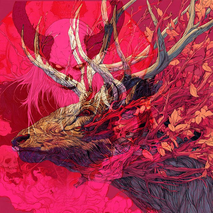 A vivid illustration blending a horned deer, a golden wolf head, and a pink-haired horned figure intertwined with red branches and autumn leaves.