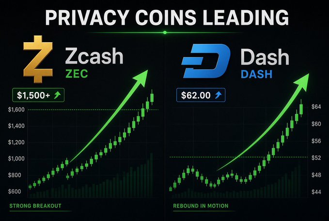 Infographic titled 'PRIVACY COINS LEADING' showing Zcash (ZEC) at $1,500+ with a 'STRONG BREAKOUT' chart and Dash (DASH) at $62.00 with a 'REBOUND IN MOTION' chart, both with upward green arrows.