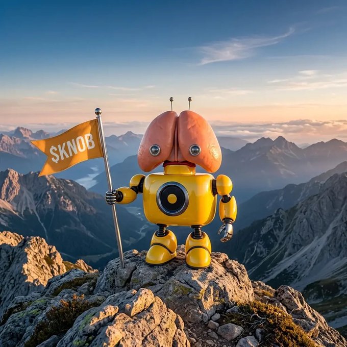 A whimsical 3D illustration of a yellow robot with lungs for a head standing on a rocky mountain peak, holding an orange flag labeled '$KNOB' against a backdrop of misty mountain ranges at sunrise.