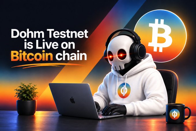 A promotional graphic reading 'Dohm Testnet is Live on Bitcoin chain' featuring a skull-masked figure in a white hoodie working on a MacBook with Bitcoin and Dohm logos.